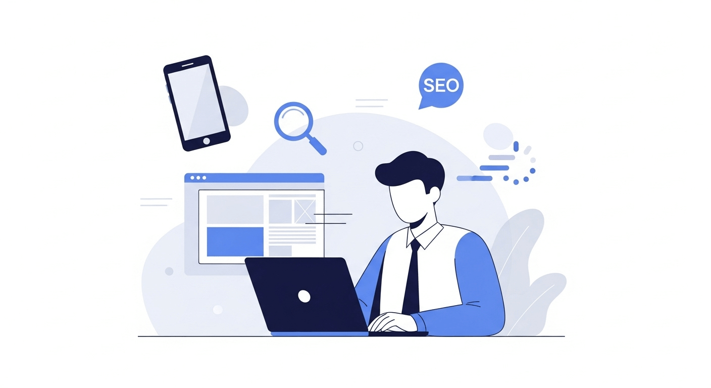 Ilustracion de 3 tonos azulado representando a un hombre en un escritorio trabajando una pagina web con SEO