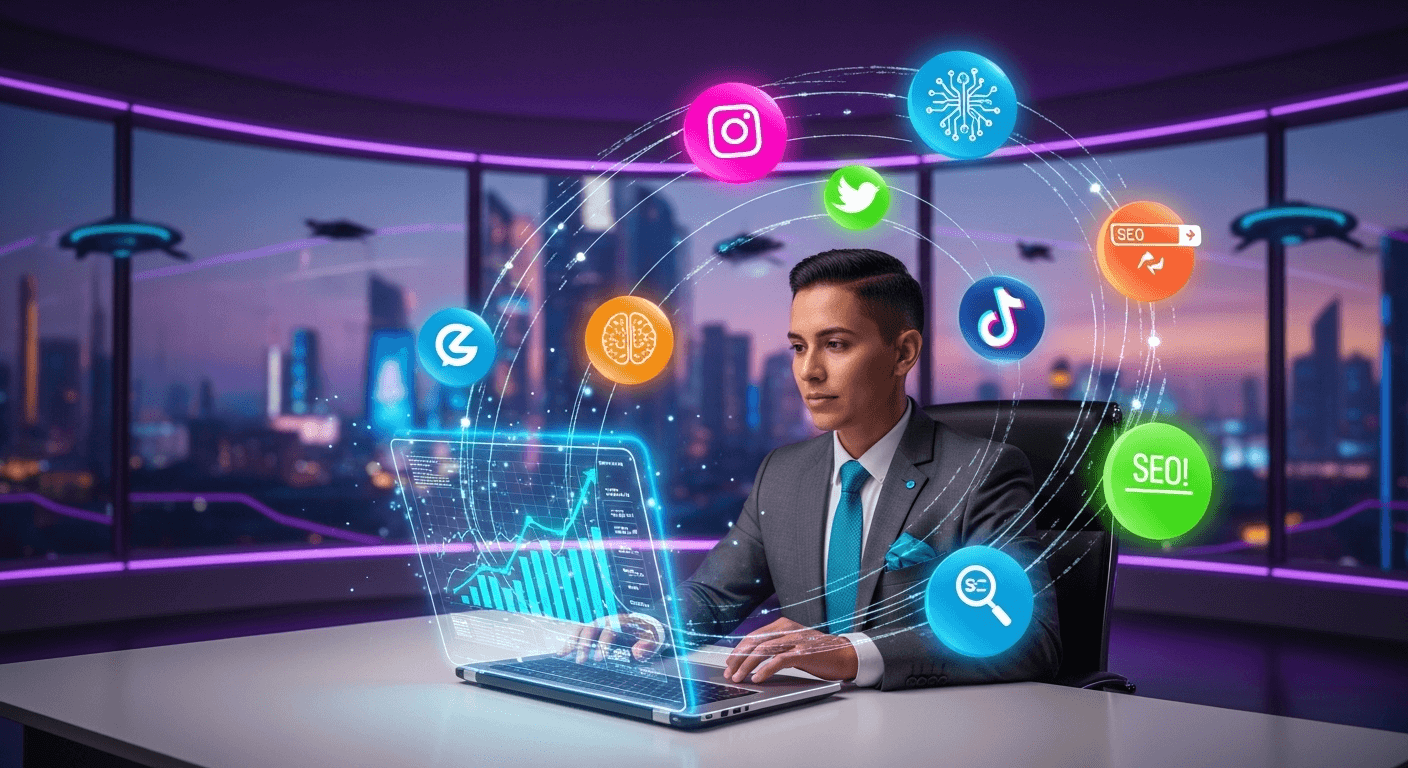 Empresario en Panamá analizando tendencias de marketing digital 2025 con gráficos y redes sociales.