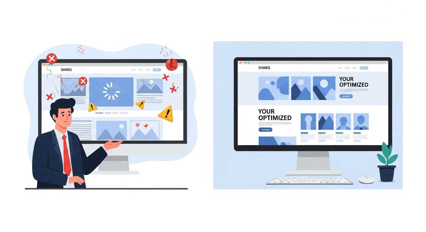 Comparación entre un sitio web lleno de errores comunes y un sitio moderno optimizado, representando cómo las empresas pueden mejorar su página para atraer más clientes en Panamá.