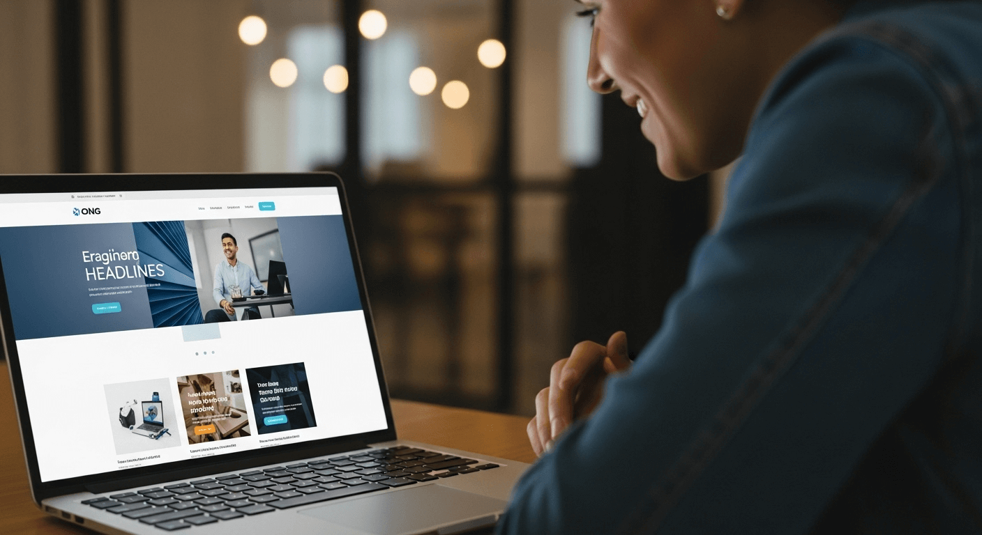 Cliente en Panamá viendo una página web profesional en su laptop, transmitiendo confianza y primera impresión positiva