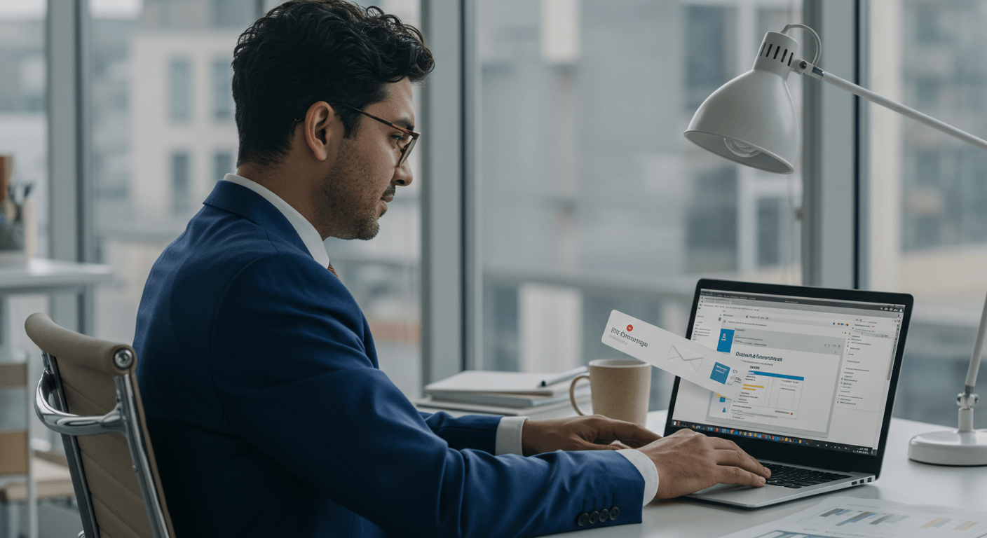 Ejecutivo usando un correo corporativo con dominio propio para proyectar profesionalismo y confianza.